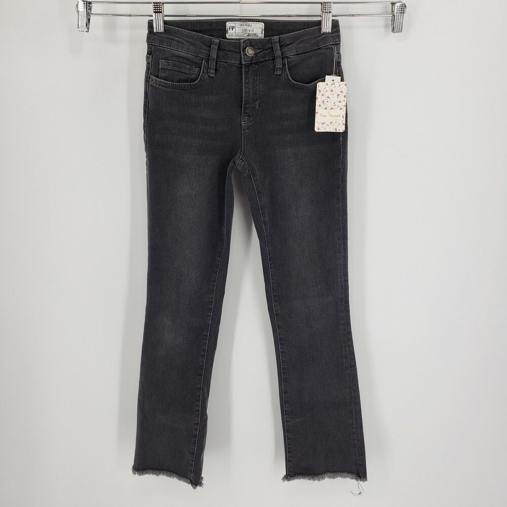 New Free People Jeans Size 24 Black Raw Hem Cropped High Waist Straight Leg
